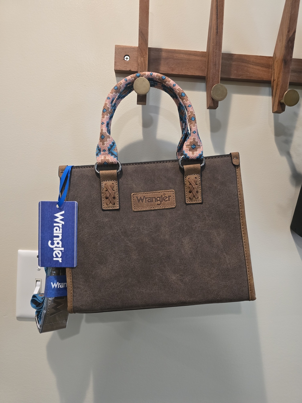 🔥 Wrangler Brown Faux Leather Tote with Patterned Handles